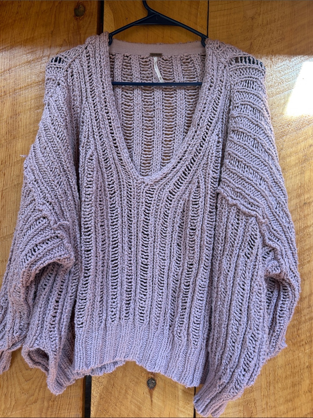 Free People Open-Knit V-Neck Sweater in Dusty Mauve
